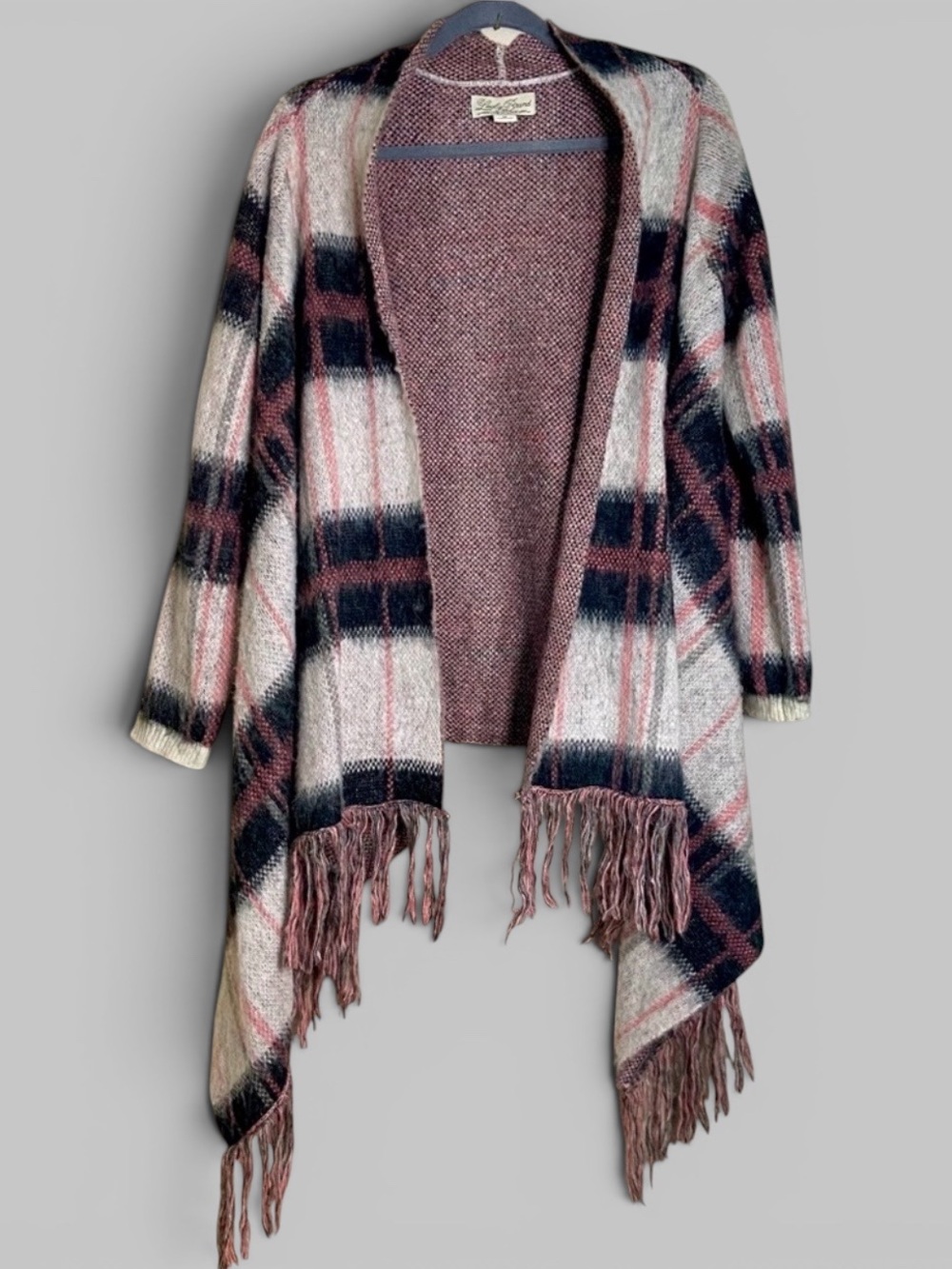 Lucky Brand Plaid Fringe Cardigan - Black, White, Pink